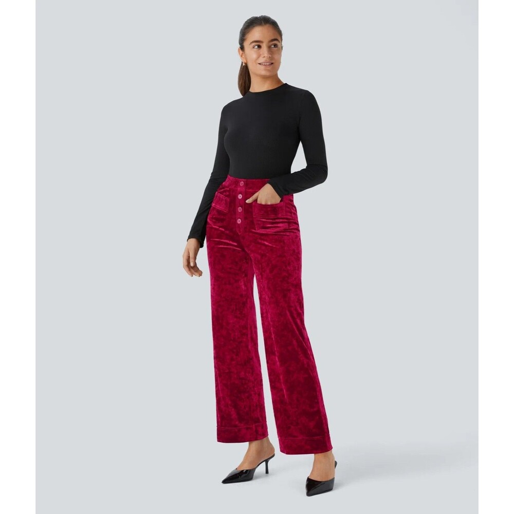 Halara Velvet Wide Leg Pants Womens Small Lipstick Red High Waisted Button New